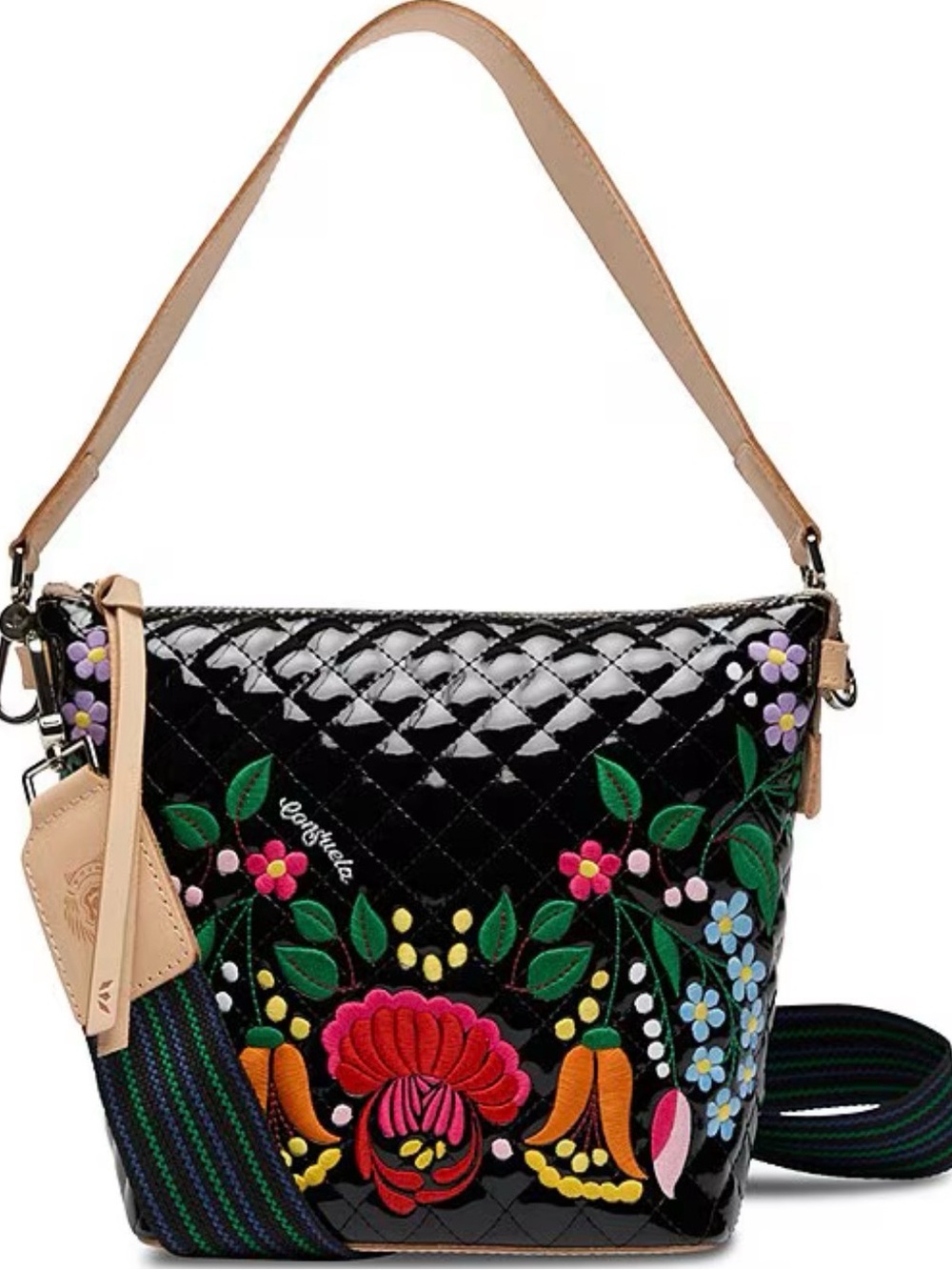NWT CONSUELA La Reina Black multicolor Floral Embroidered Leather handbag bag